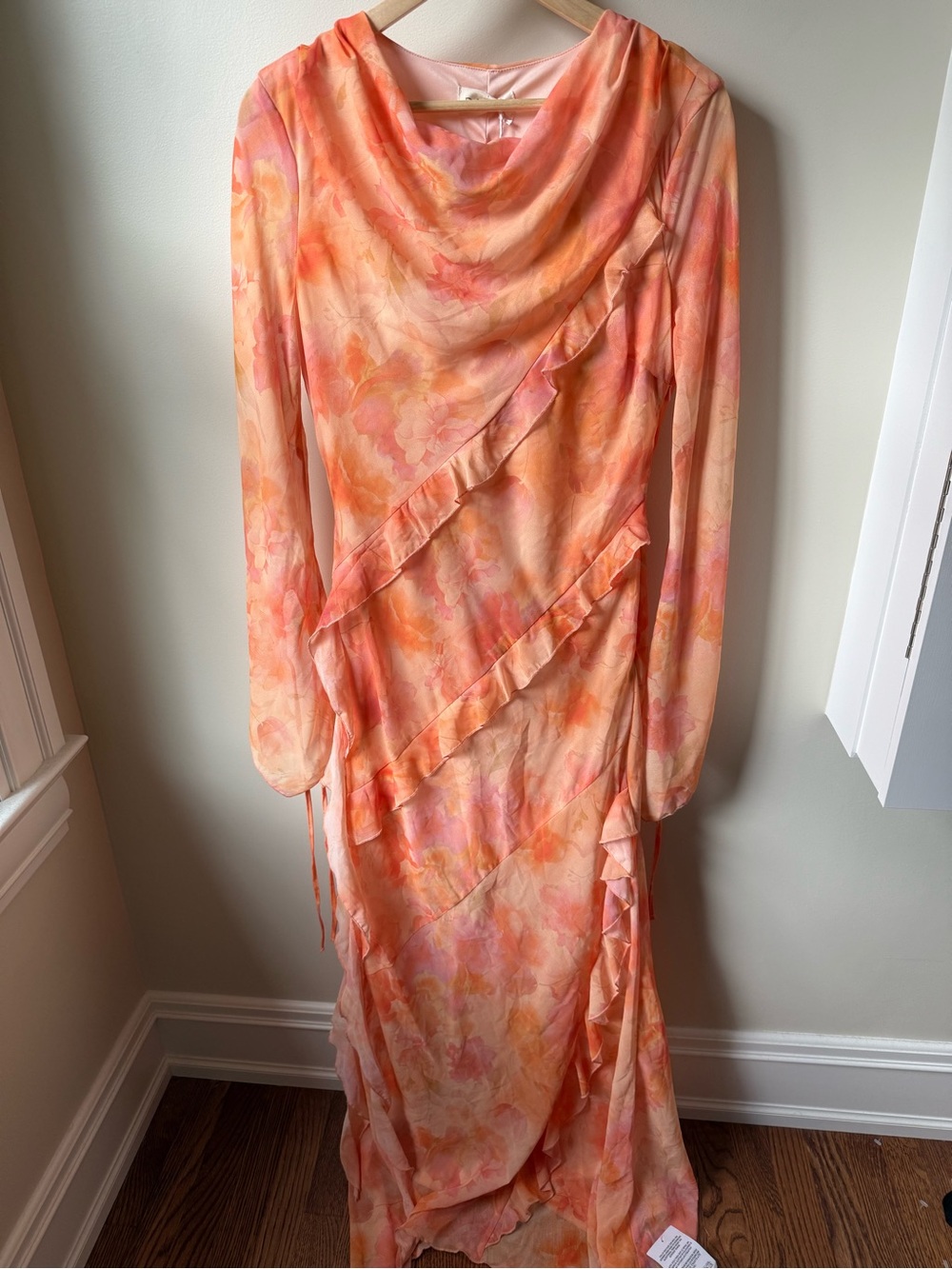 NWT DASKA Circe Dress Maxi Ruffle Ethereal Watercolor Sheer Chiffon Cowl M